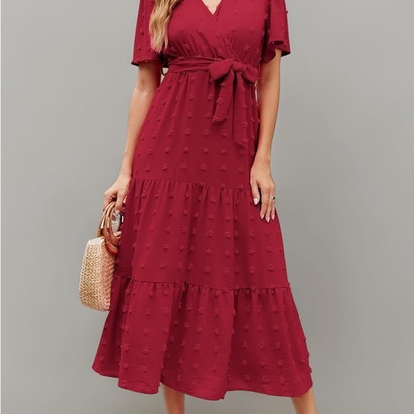 Lark + Grey Dresses & Skirts - Women’s Midi Wrap Dress with Textured Dot Detail - Burgundy